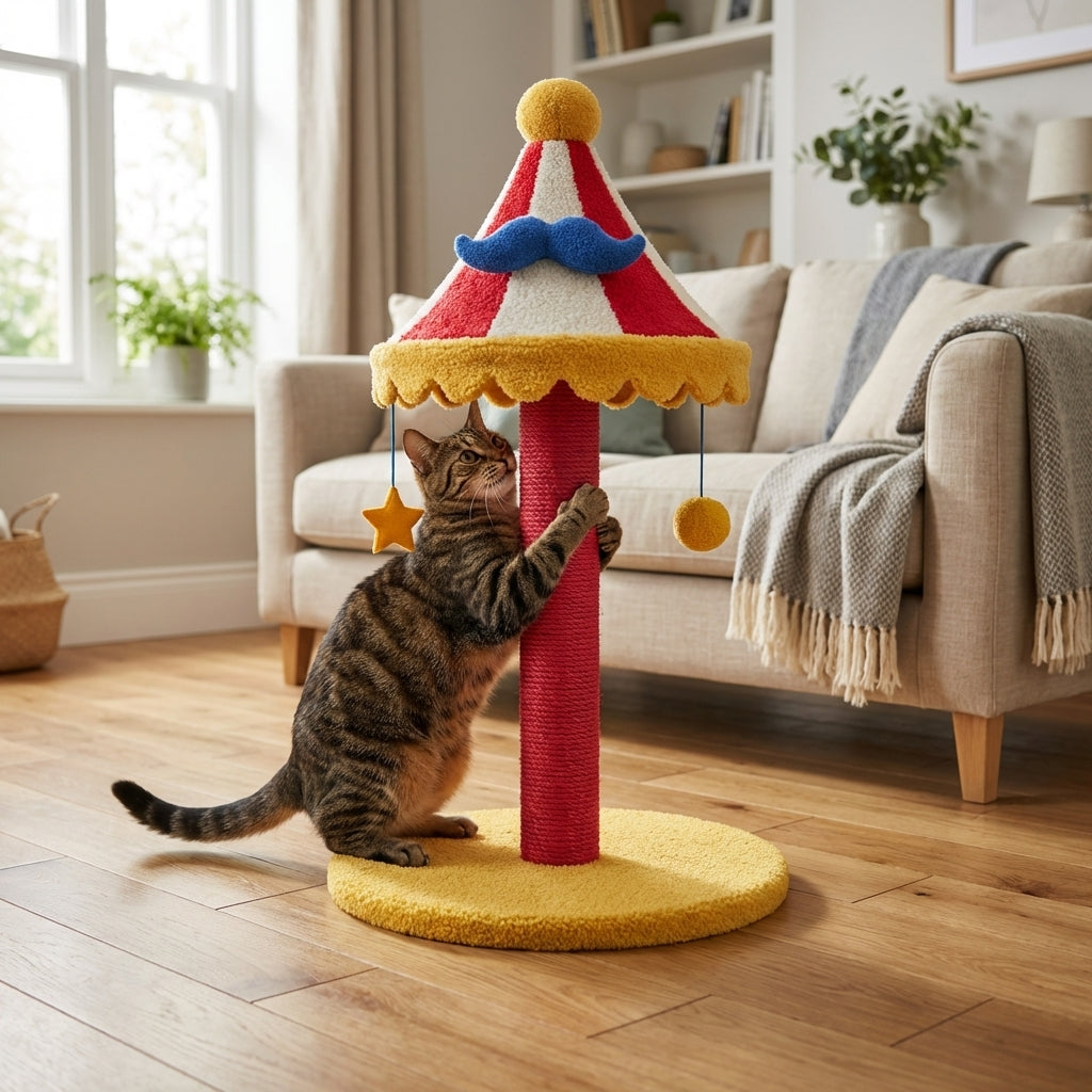 Set albero tiragraffi e letto per gatti in pile Teddy a tema circo, tre modelli | Rosalyssa