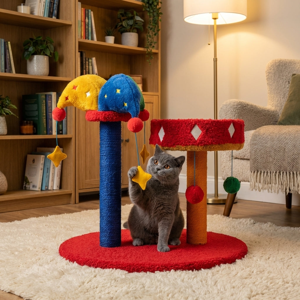 Set albero tiragraffi e letto per gatti in pile Teddy a tema circo, tre modelli | Rosalyssa