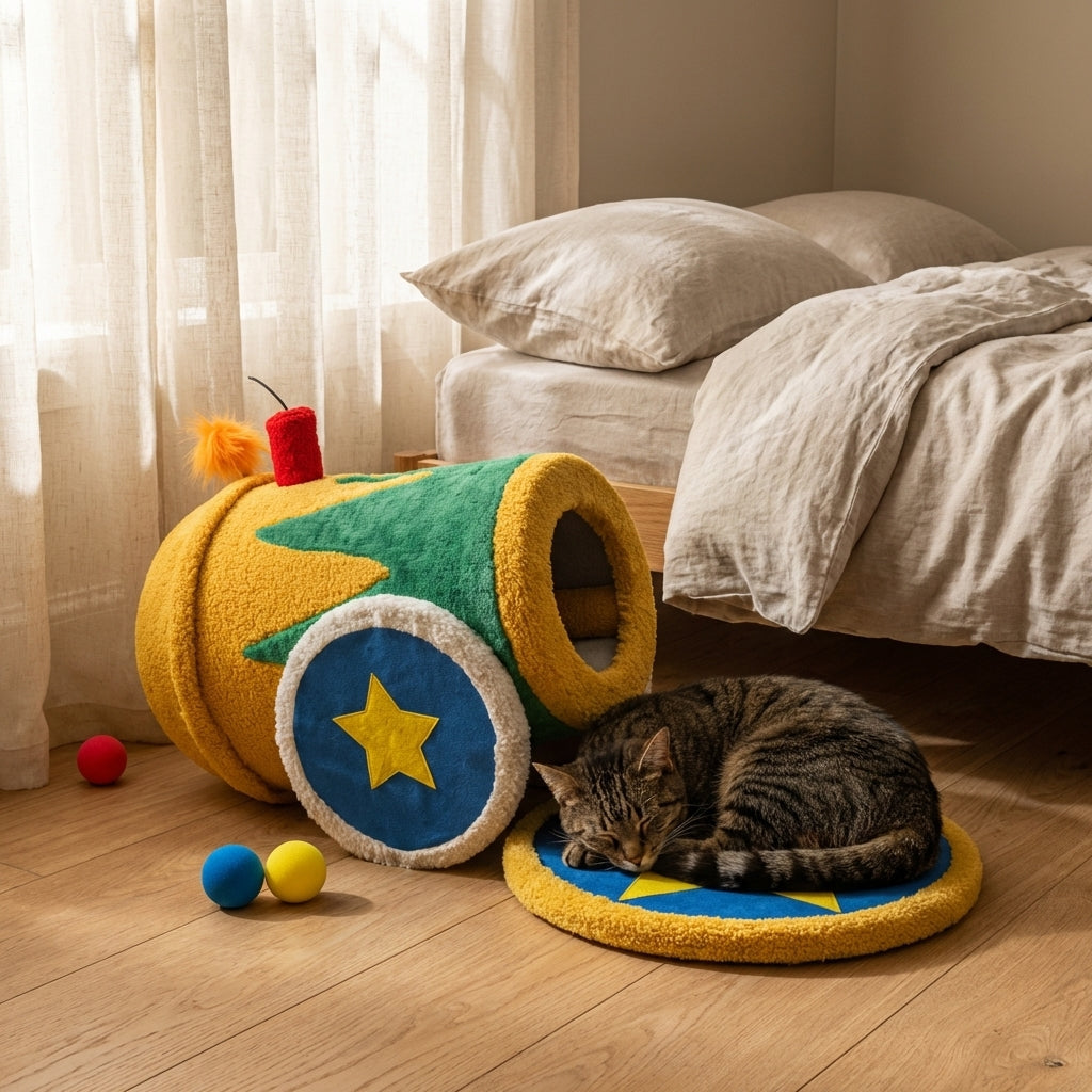 Set albero tiragraffi e letto per gatti in pile Teddy a tema circo, tre modelli | Rosalyssa