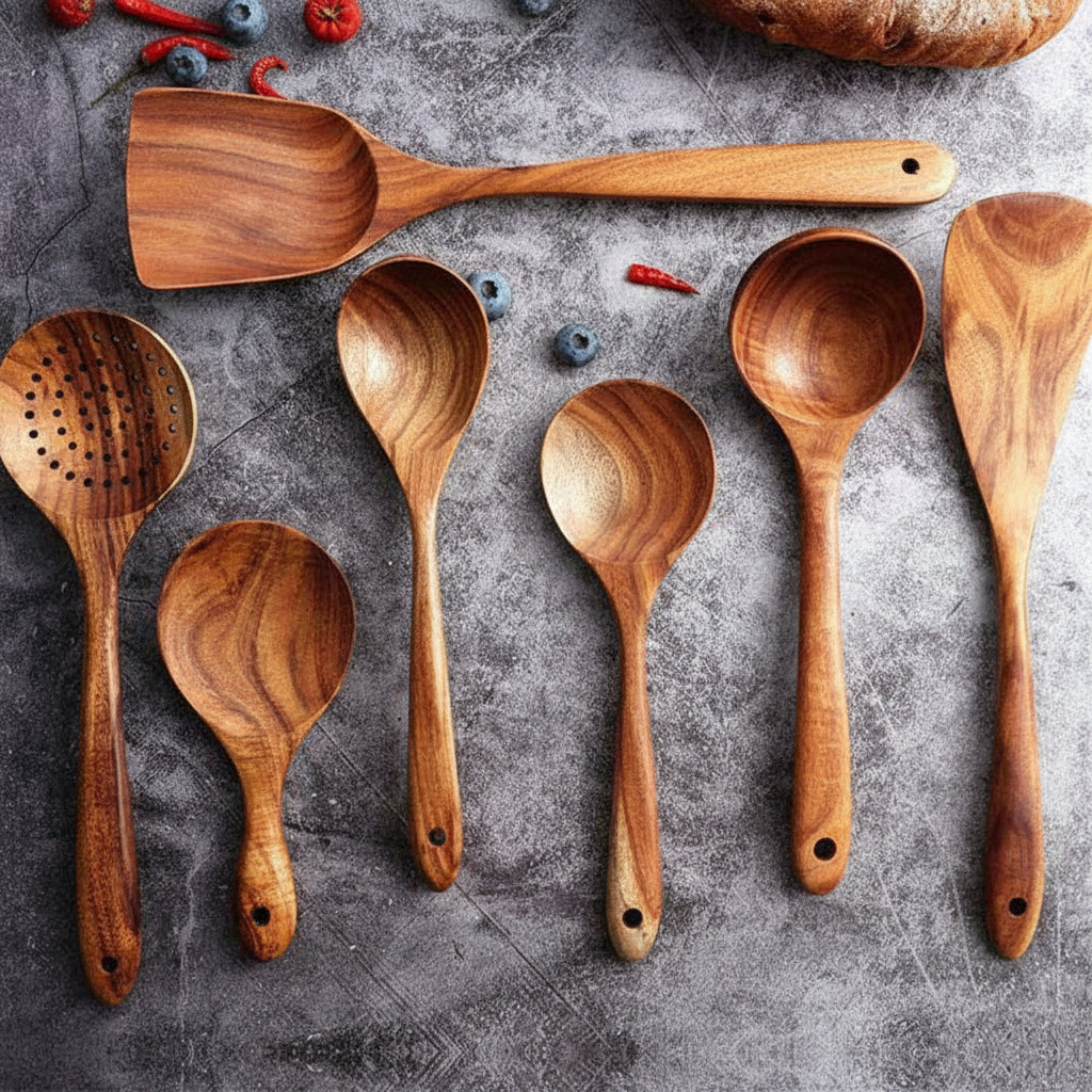 Handcrafted Wooden Kitchen Utensils Set Non Scratch for Everyday Cooking