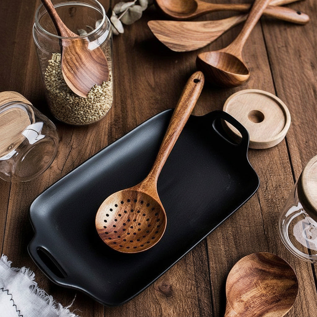Handcrafted Wooden Kitchen Utensils Set Non Scratch for Everyday Cooking