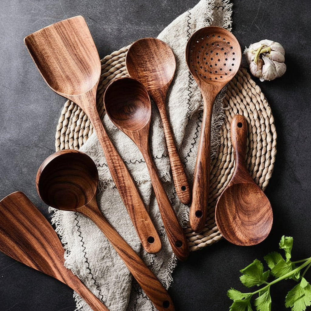 Handcrafted Wooden Kitchen Utensils Set Non Scratch for Everyday Cooking
