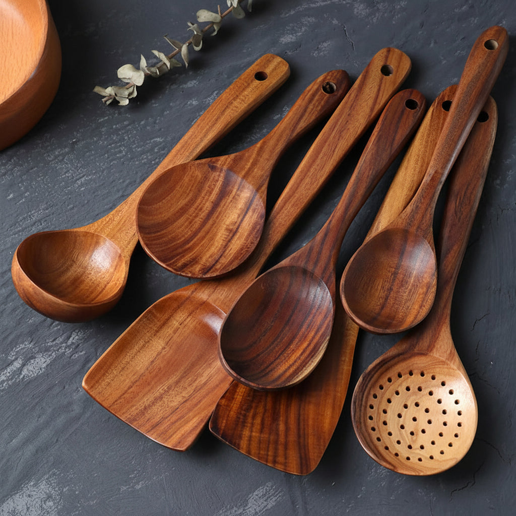 Handcrafted Wooden Kitchen Utensils Set Non Scratch for Everyday Cooking