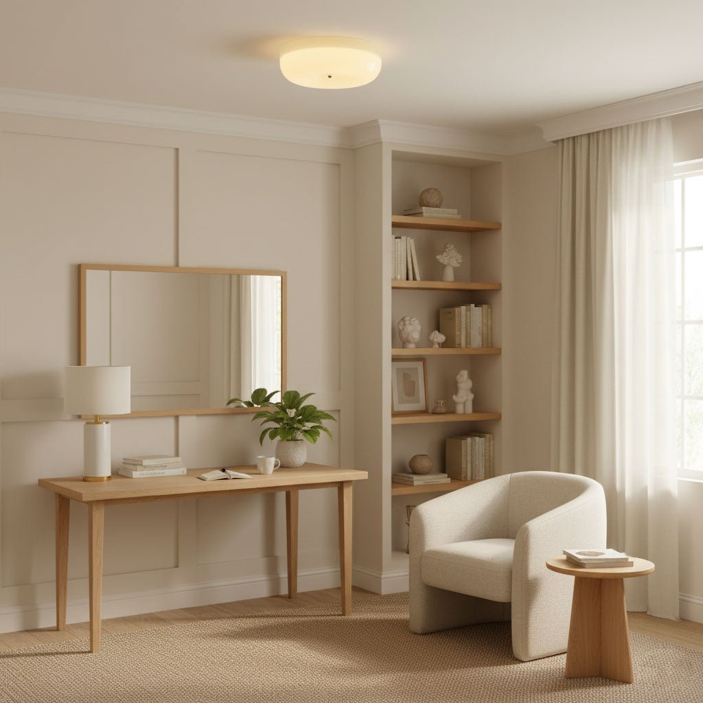 Lámpara de techo de vidrio lechoso color crema con acento plateado, regulable en blanco cálido