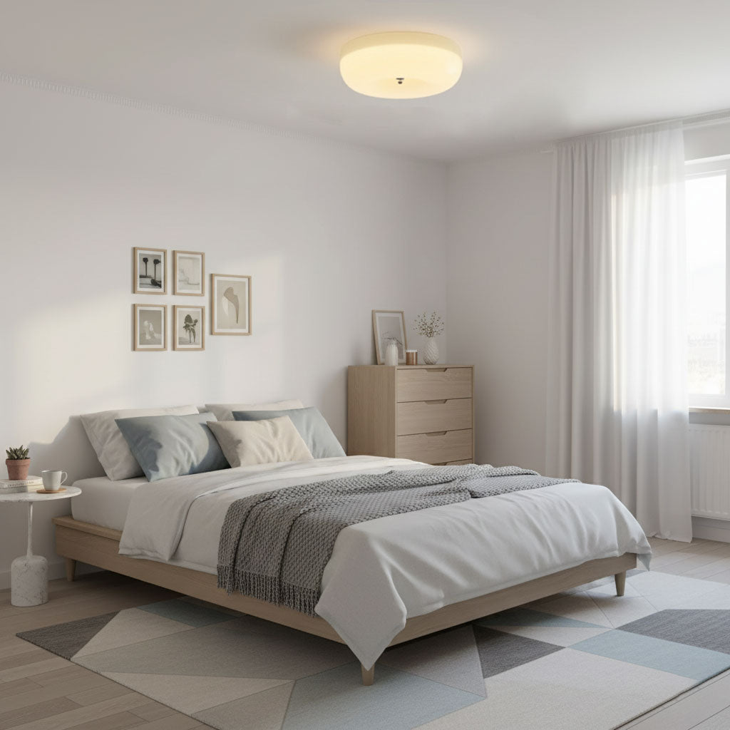 Lámpara de techo de vidrio lechoso color crema con acento plateado, regulable en blanco cálido