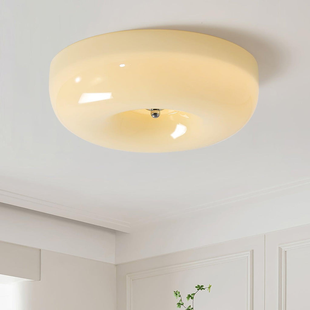 Lámpara de techo de vidrio lechoso color crema con acento plateado, regulable en blanco cálido