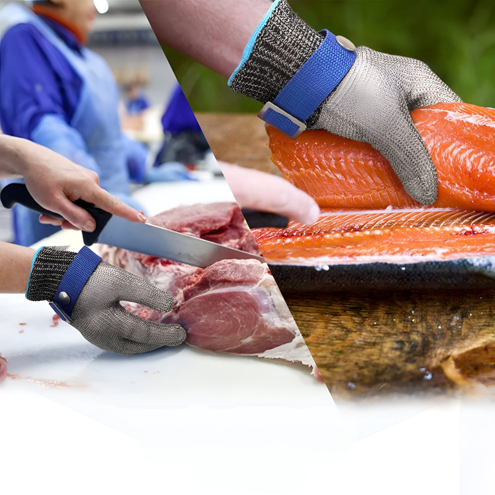 Hansker i rustfritt stål med kuttbestandig nett for matlaging
