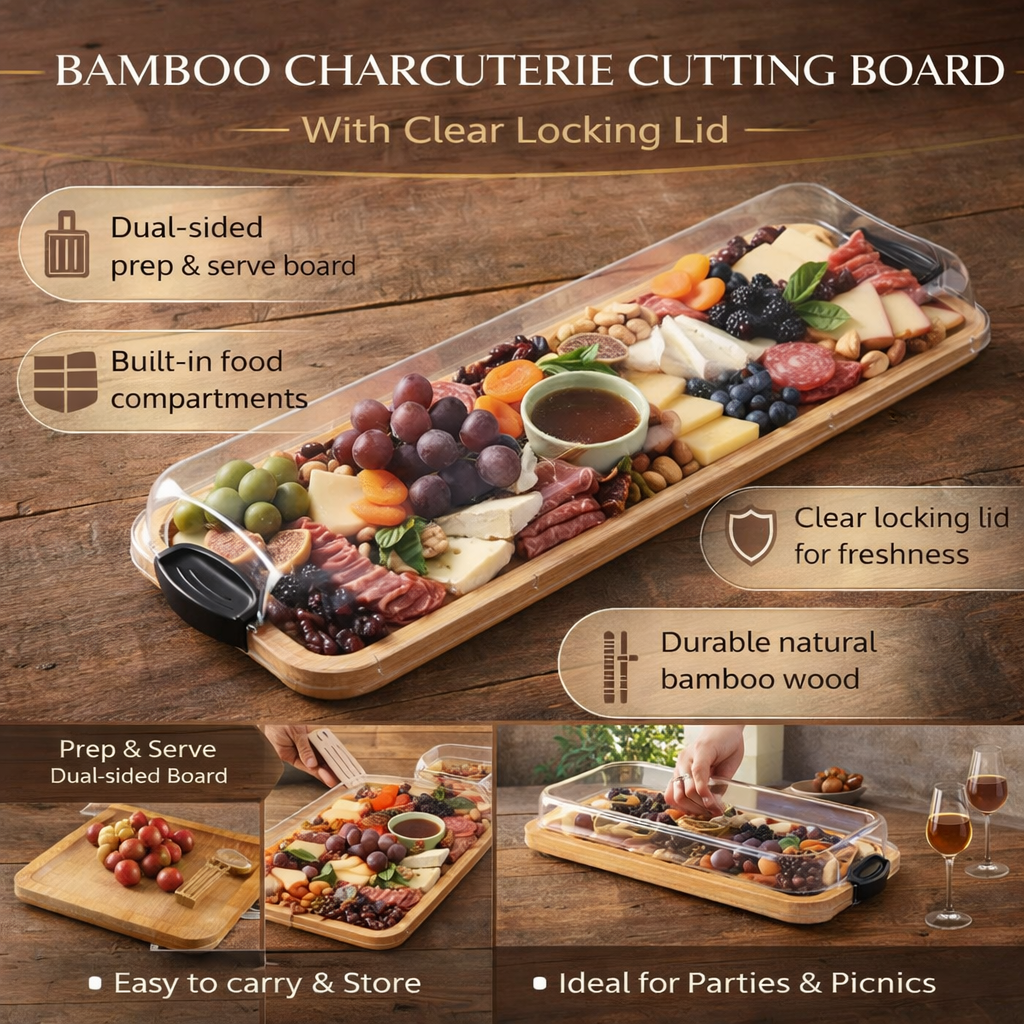 Bamboo Charcuterie Board With Locking Lid And Serving Tray