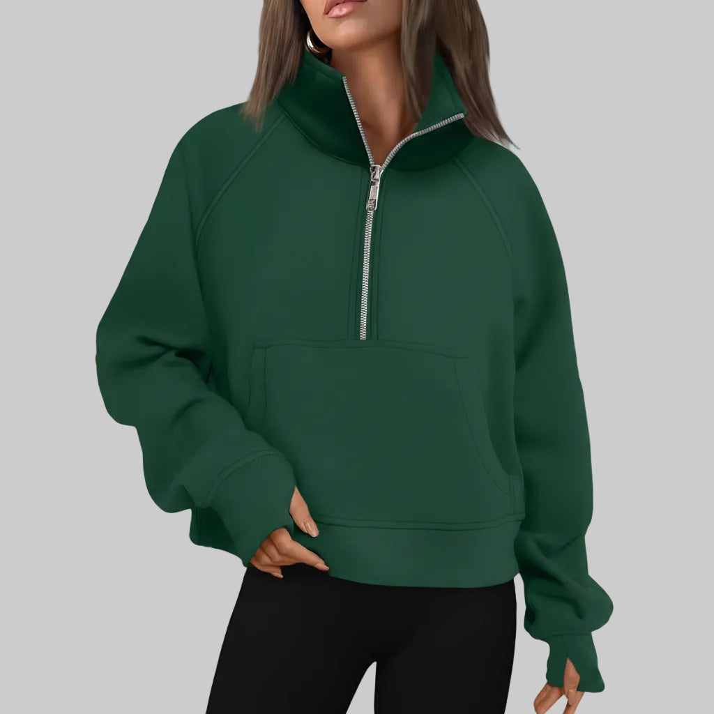 Dame Cropped Fleece Sweatshirt med Halv Lynlås til Hverdagsvarme