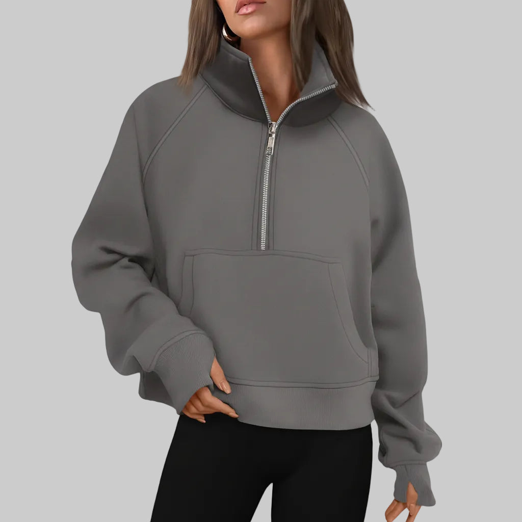 Dame Cropped Fleece Sweatshirt med Halv Lynlås til Hverdagsvarme