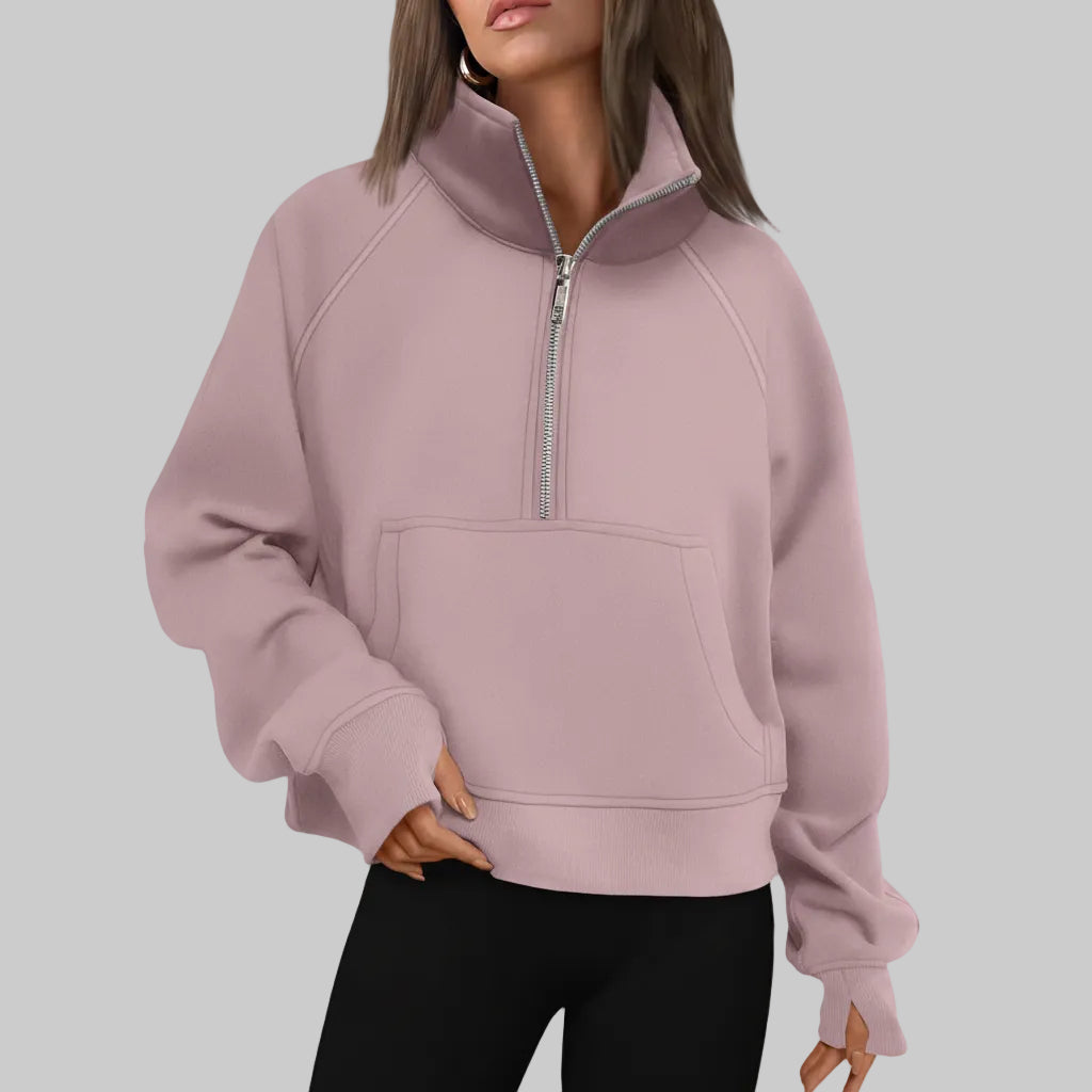 Dame Cropped Fleece Sweatshirt med Halv Lynlås til Hverdagsvarme