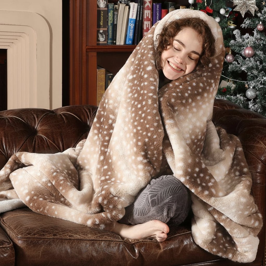 NatureNest Cozy Wild Fur Blanket With Deer Motif - Reversible Plush Comfort