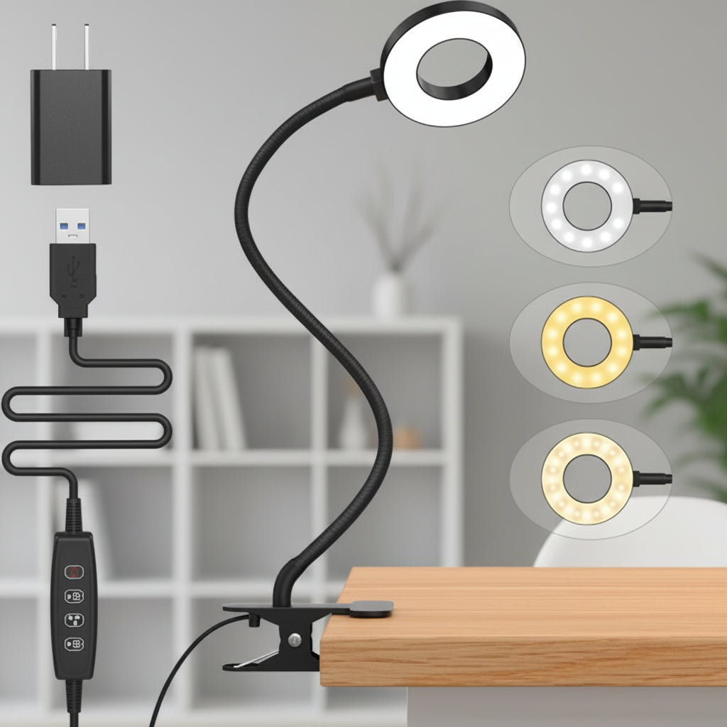 Clip On Desk Lamp With Flexible Gooseneck And Reading Light LED Three Color Modes