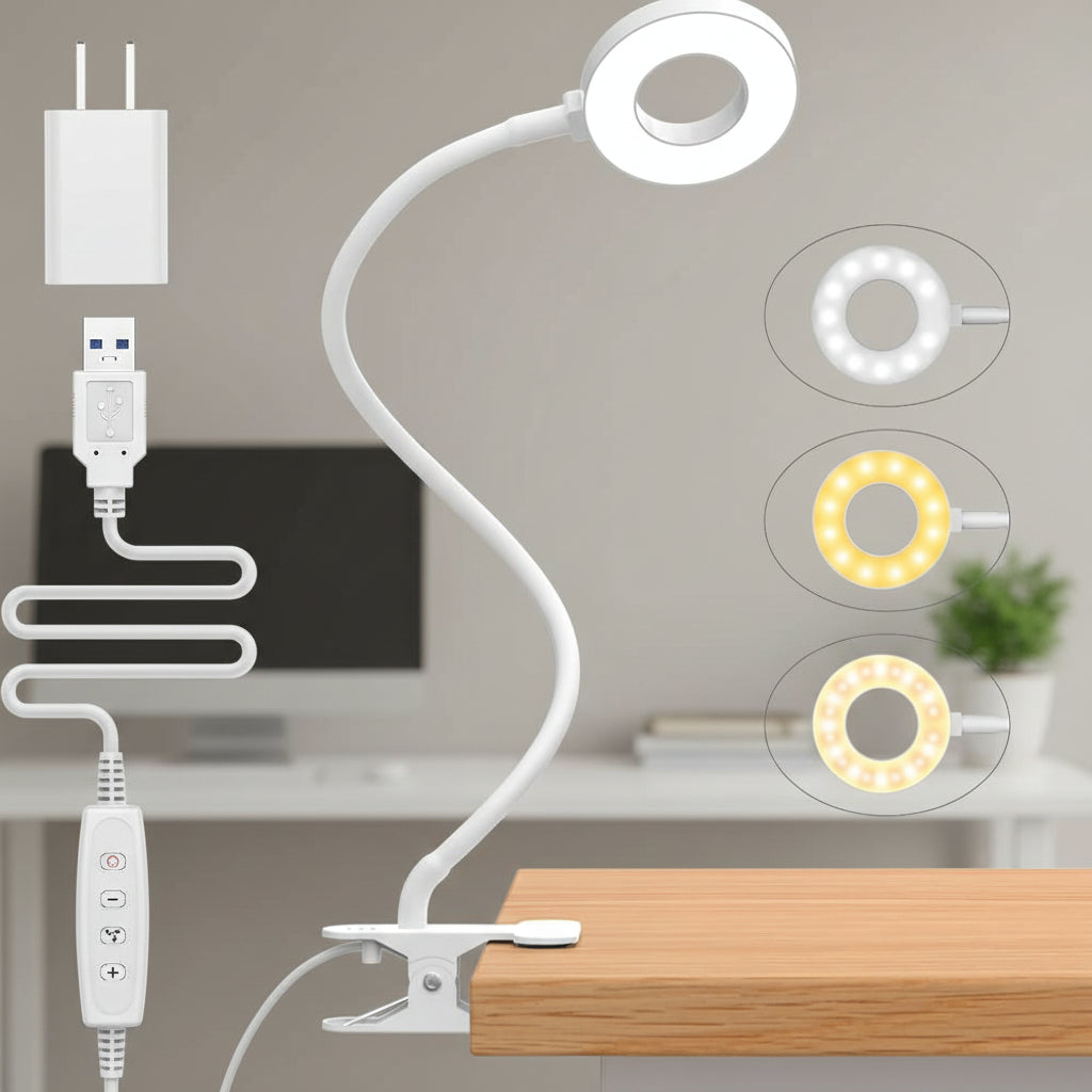 Clip On Desk Lamp With Flexible Gooseneck And Reading Light LED Three Color Modes