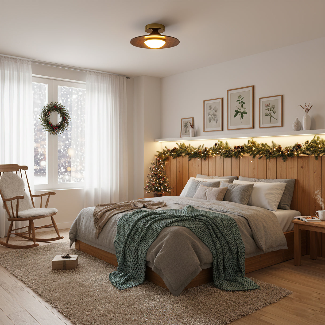 Kulaté LED stropní světlo s dřevěným vzhledem a zlatým rámem, 24 cm