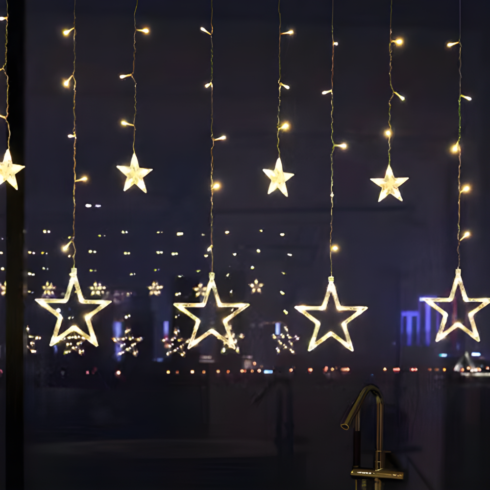 Perdea cu LED-uri stea alb cald pentru decor de sărbători interior și exterior