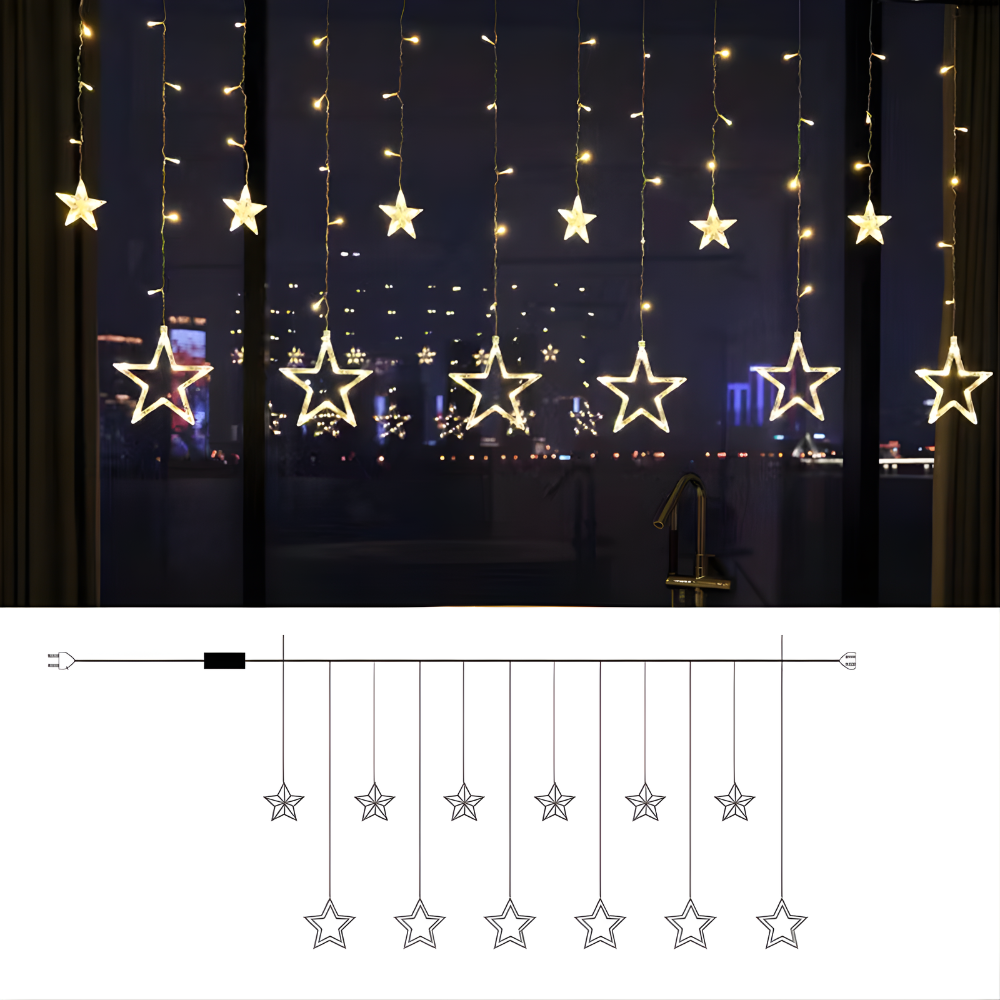 Perdea cu LED-uri stea alb cald pentru decor de sărbători interior și exterior