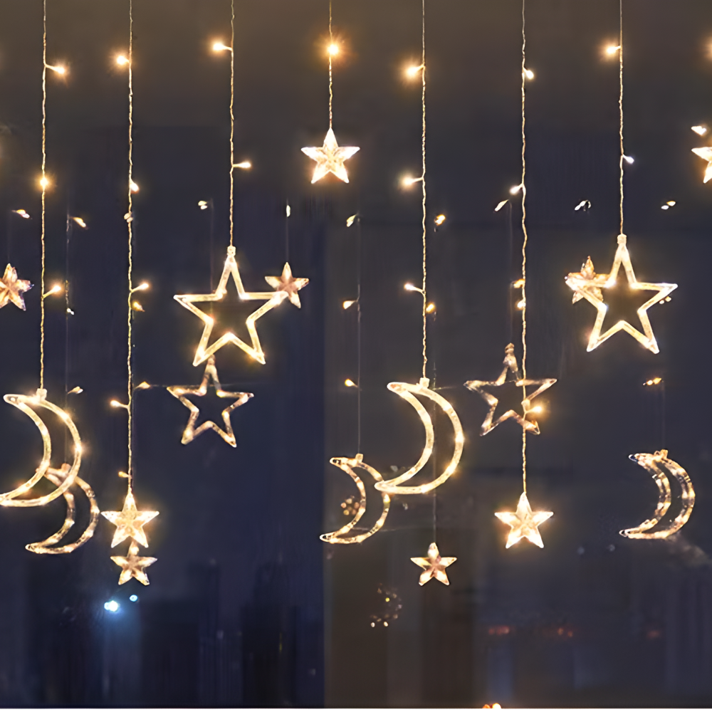 Perdea cu LED-uri stea alb cald pentru decor de sărbători interior și exterior