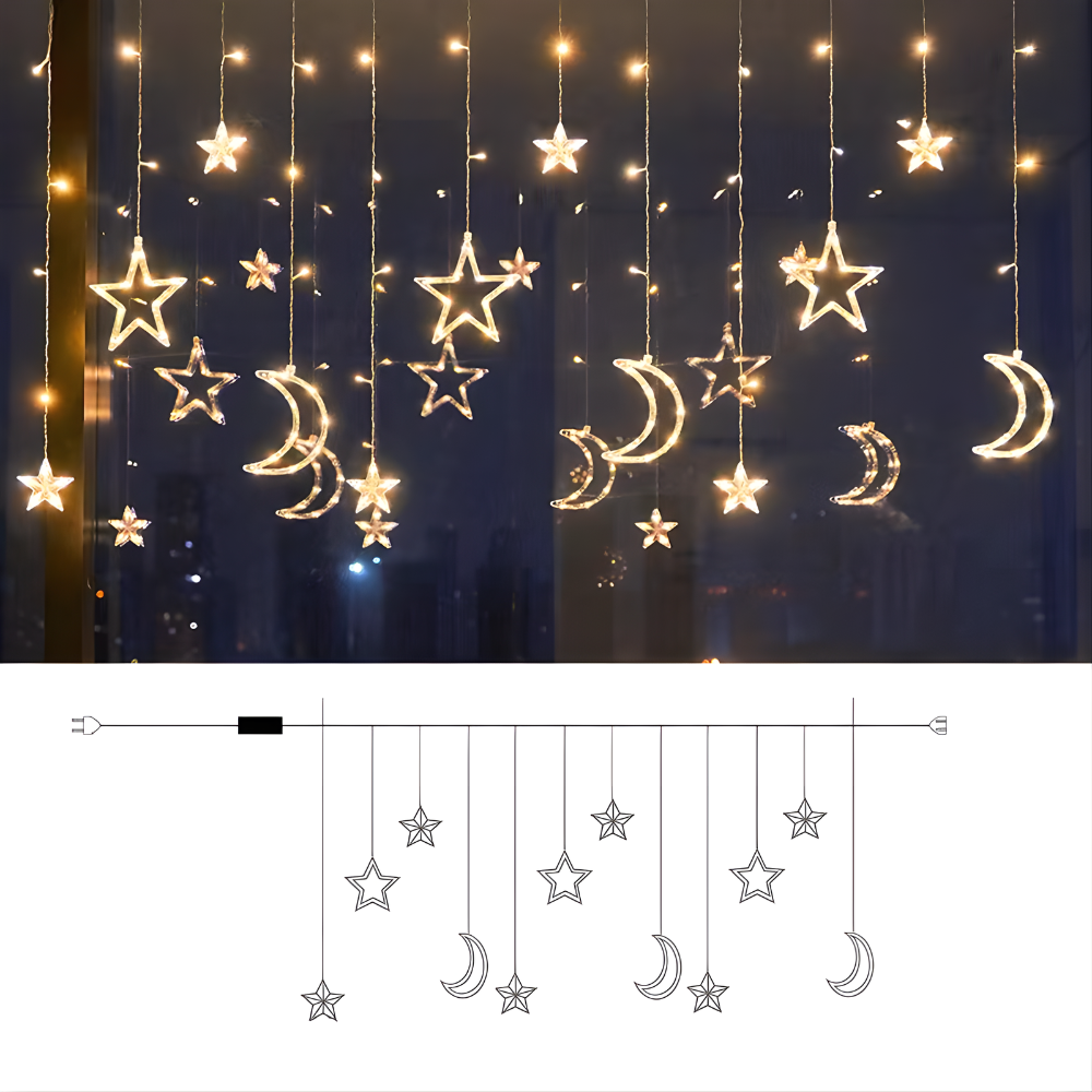 Perdea cu LED-uri stea alb cald pentru decor de sărbători interior și exterior