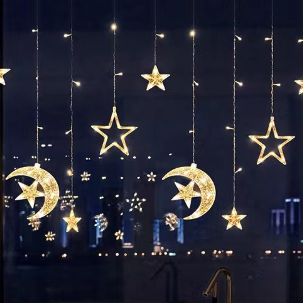 Perdea cu LED-uri stea alb cald pentru decor de sărbători interior și exterior