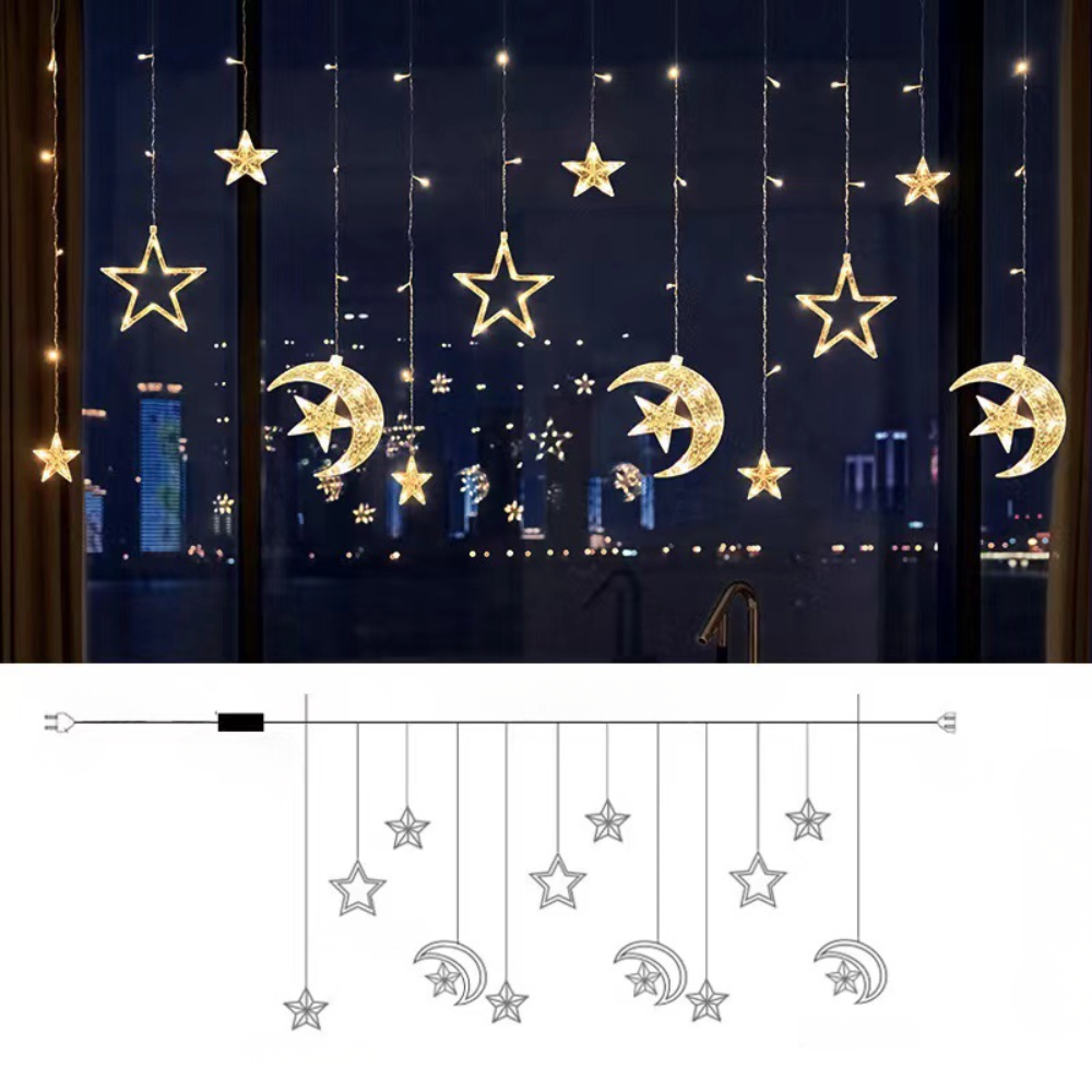 Perdea cu LED-uri stea alb cald pentru decor de sărbători interior și exterior