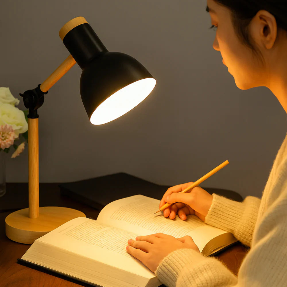 Severská dřevěná stolní lampa s nastavitelným ramenem pro čtení