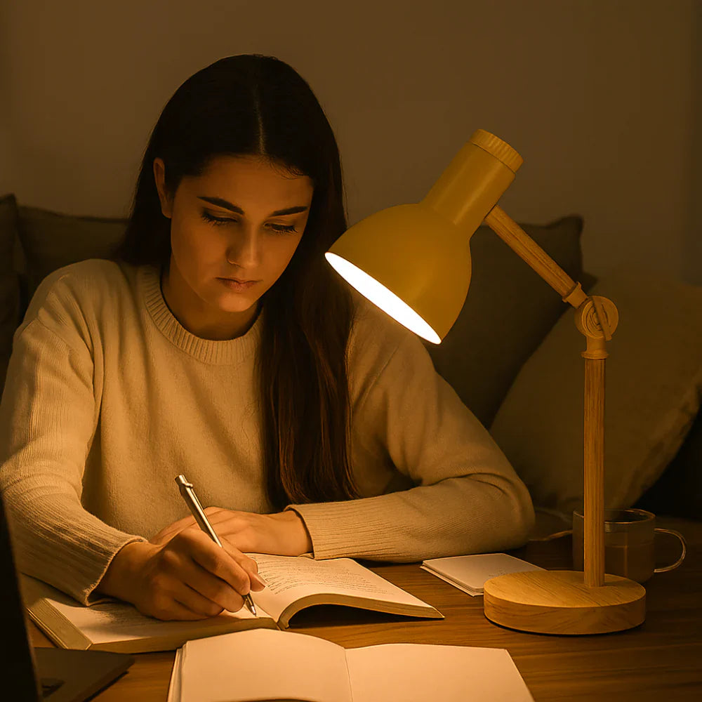 Severská dřevěná stolní lampa s nastavitelným ramenem pro čtení