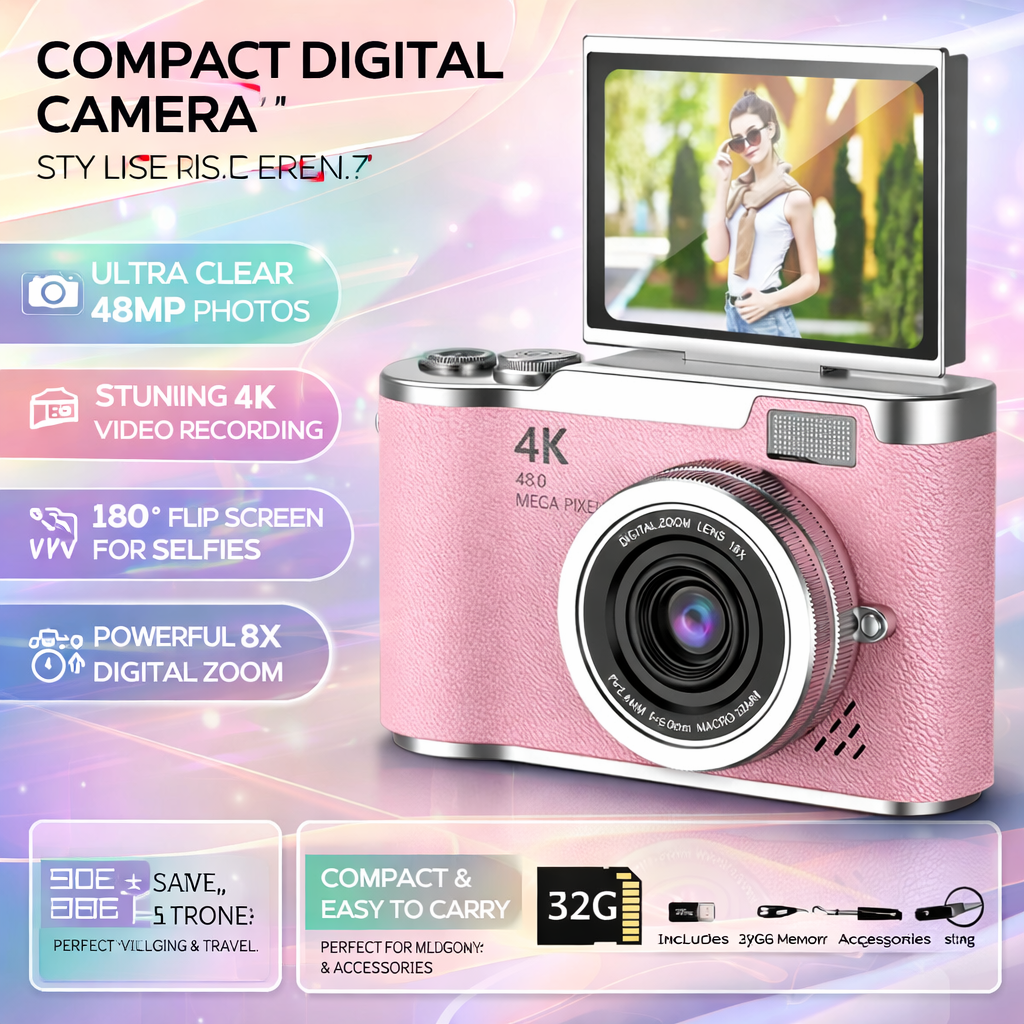 Appareil photo numérique à écran rabattable 4K avec 48MP et zoom 8X pour photos et vidéos
