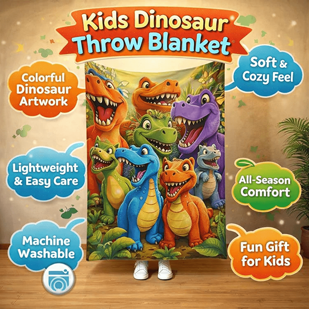 Barevná dětská deka s motivem dinosaura vyrobená z měkkého fleecu na postel nebo pohovku