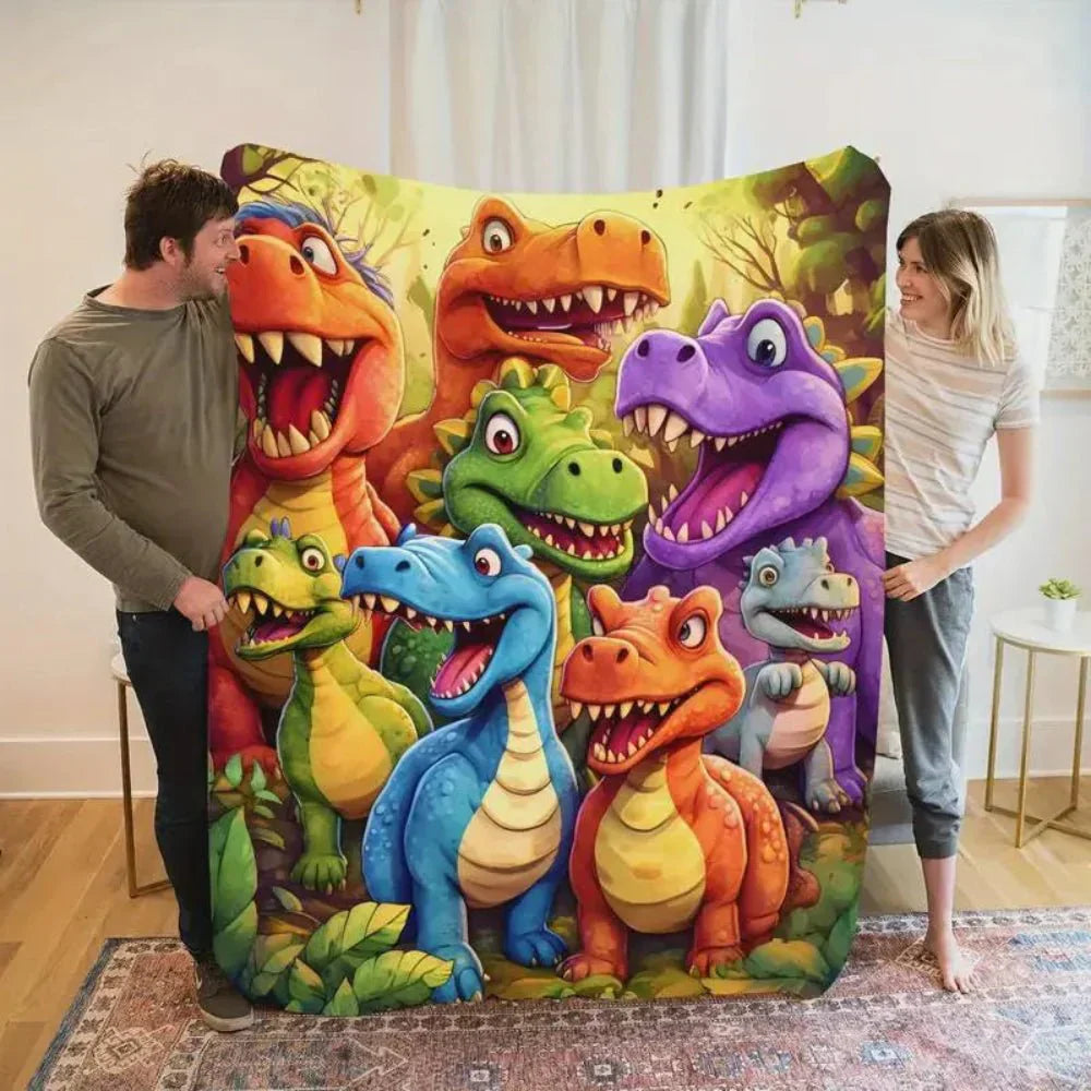 Barevná dětská deka s motivem dinosaura vyrobená z měkkého fleecu na postel nebo pohovku