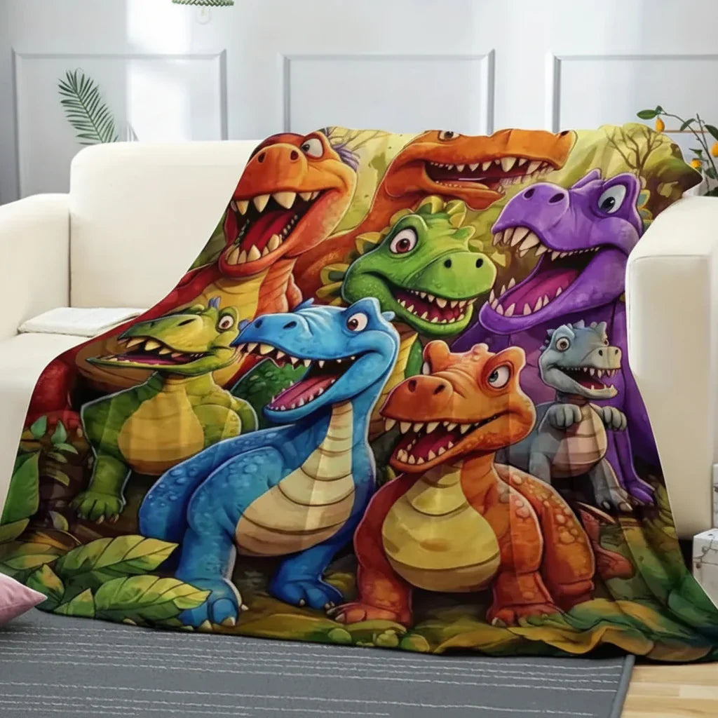 Barevná dětská deka s motivem dinosaura vyrobená z měkkého fleecu na postel nebo pohovku