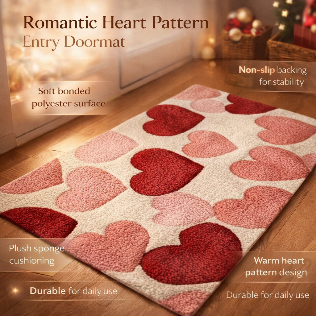 Cozy Entrance Doormat With Heart Pattern And Durable Polyester