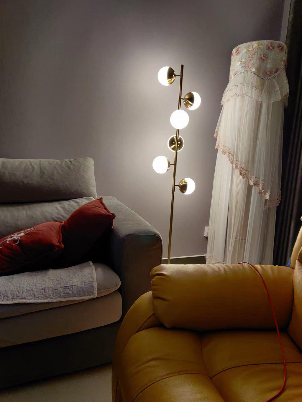 Elara LED Boom Lamp With Glass Orbs On Golden Pole | Snurv