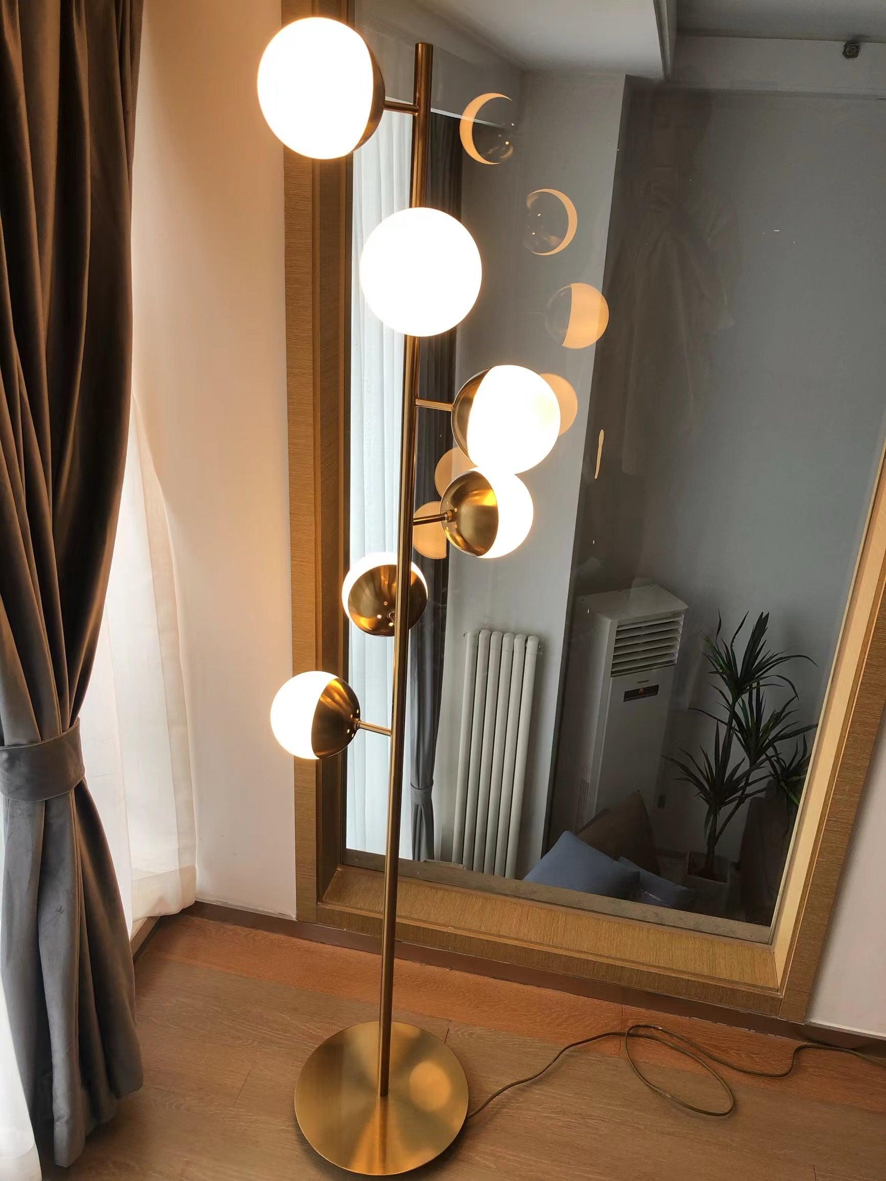 Elara LED Boom Lamp With Glass Orbs On Golden Pole | Snurv