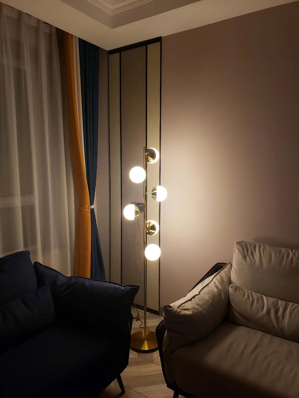 Elara LED Boom Lamp With Glass Orbs On Golden Pole | Snurv