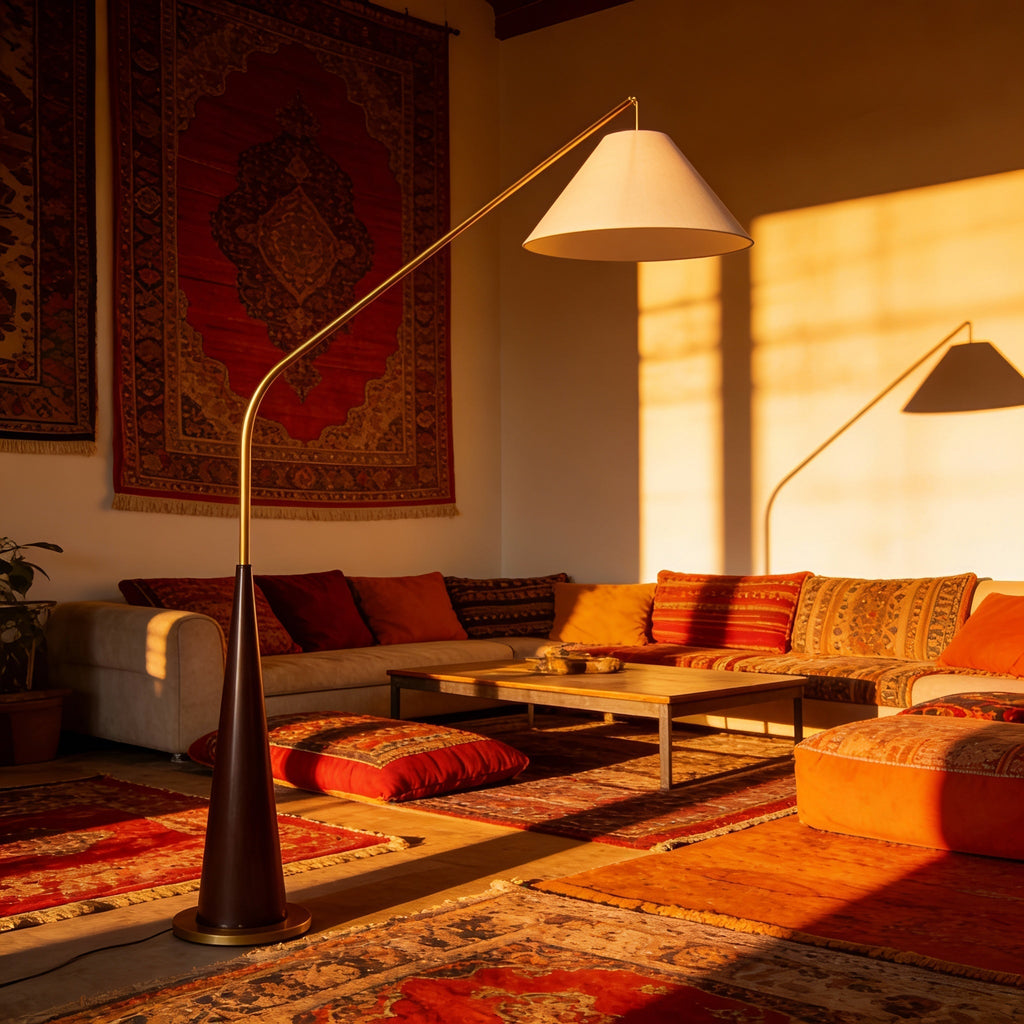 LumaArc Elegant Modern Gold Arc Floor Lamp With Wood Base