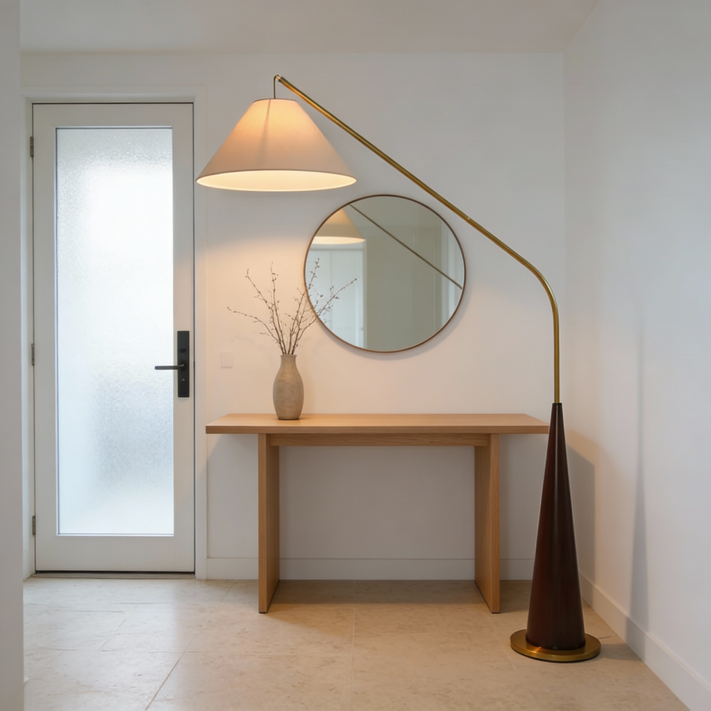 LumaArc Elegant Modern Gold Arc Floor Lamp With Wood Base