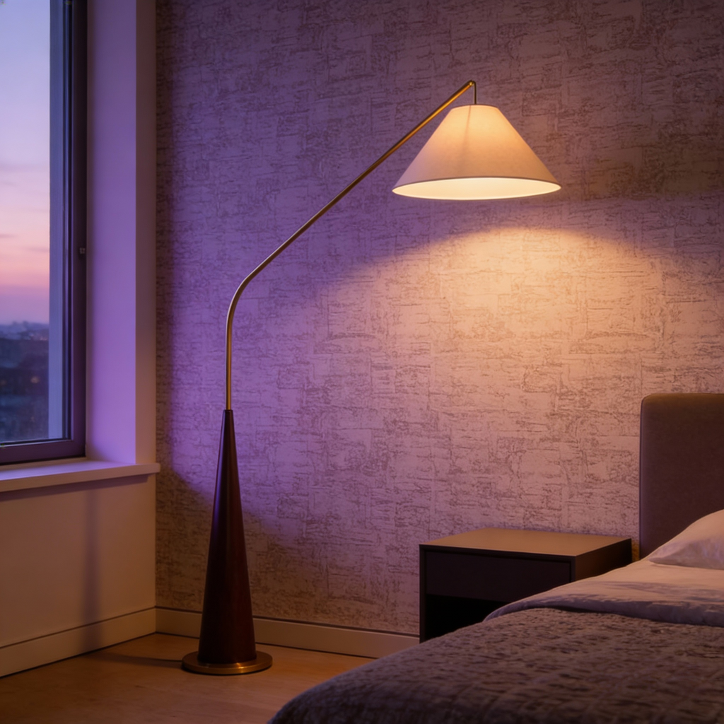 LumaArc Elegant Modern Gold Arc Floor Lamp With Wood Base