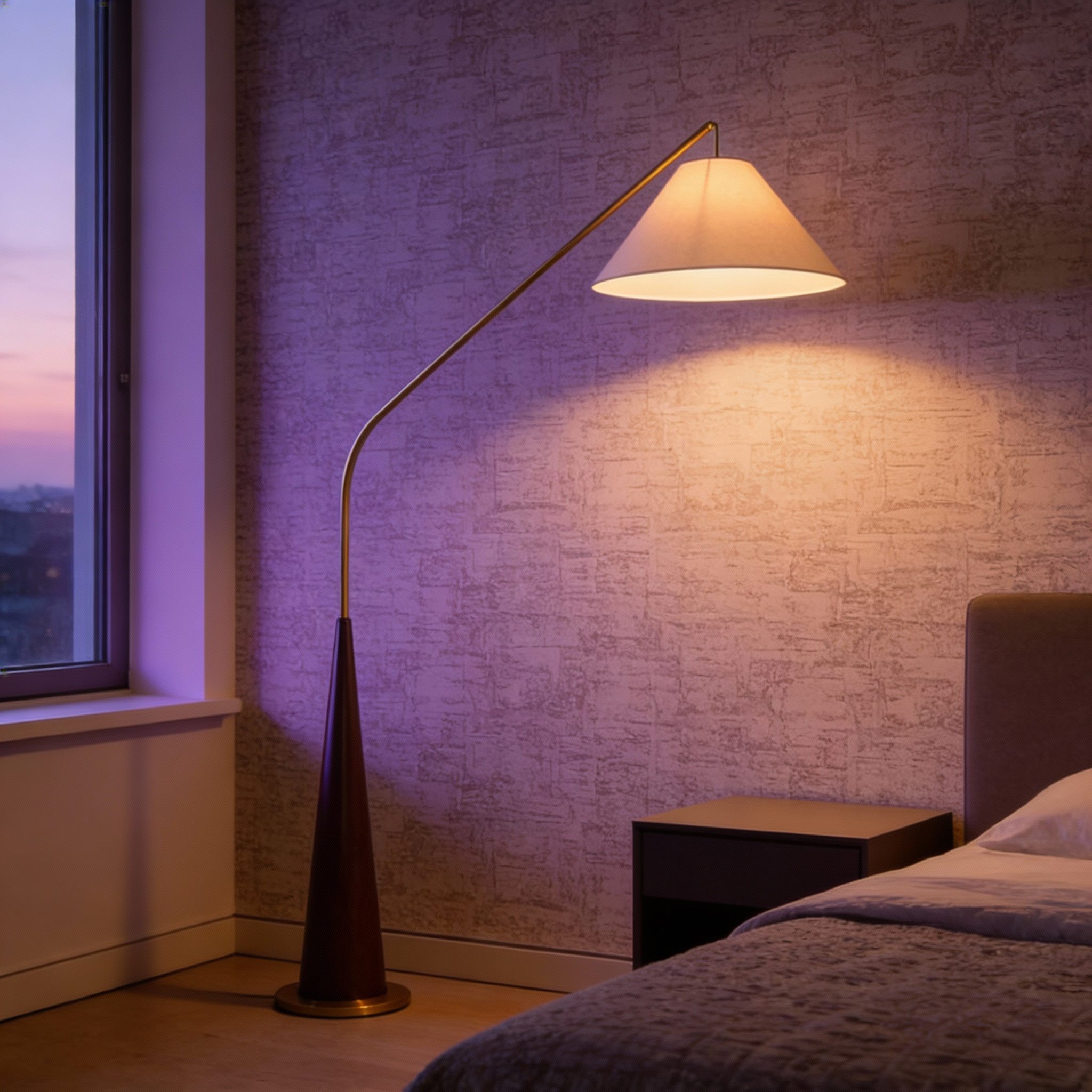 Lampa podłogowa LumaArc Elegant Modern Gold Arc z drewnianą podstawą