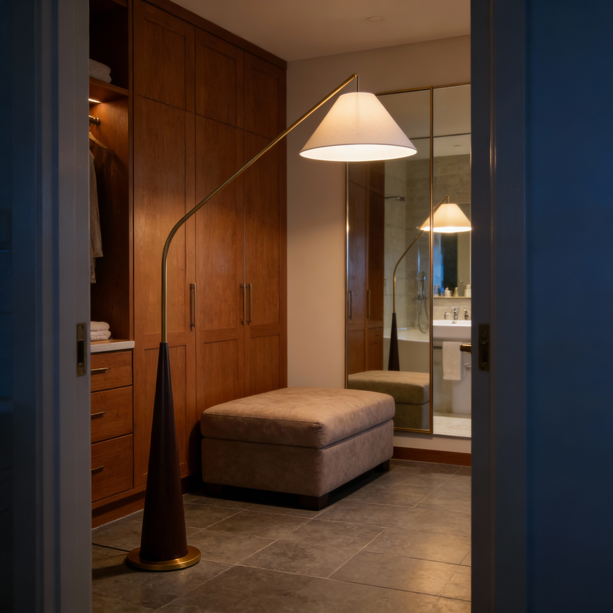 LumaArc Elegant Modern Gold Arc Floor Lamp With Wood Base