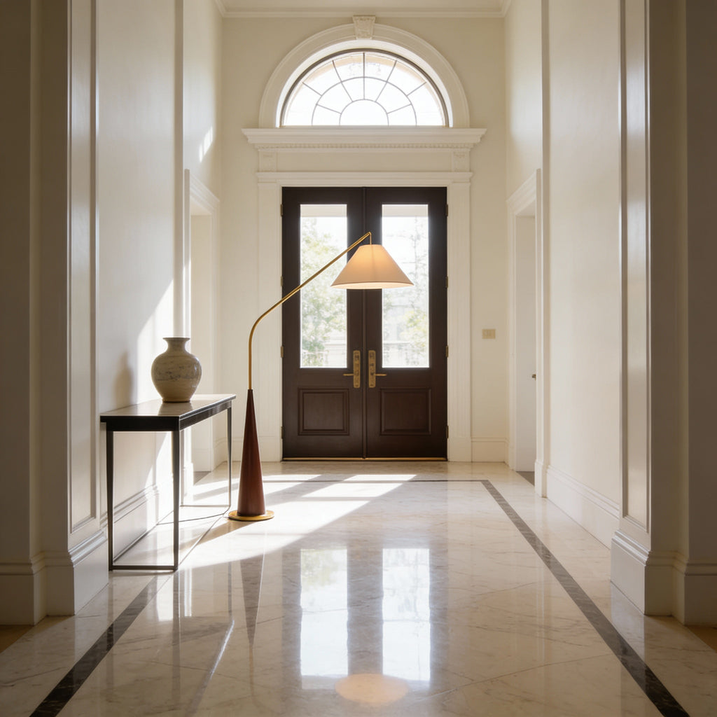 LumaArc Elegant Modern Gold Arc Floor Lamp With Wood Base