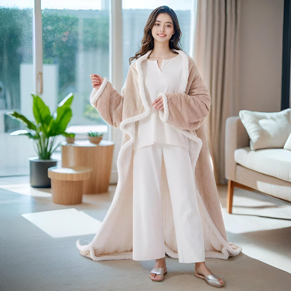 Electric Wearable Heated Blanket Robe With Hooded Design And Sleeves