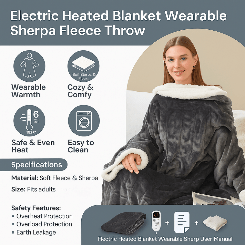 Elektrische Decke für Erwachsene mit Sherpa-Fleece-Wurf, tragbar und beheizbar