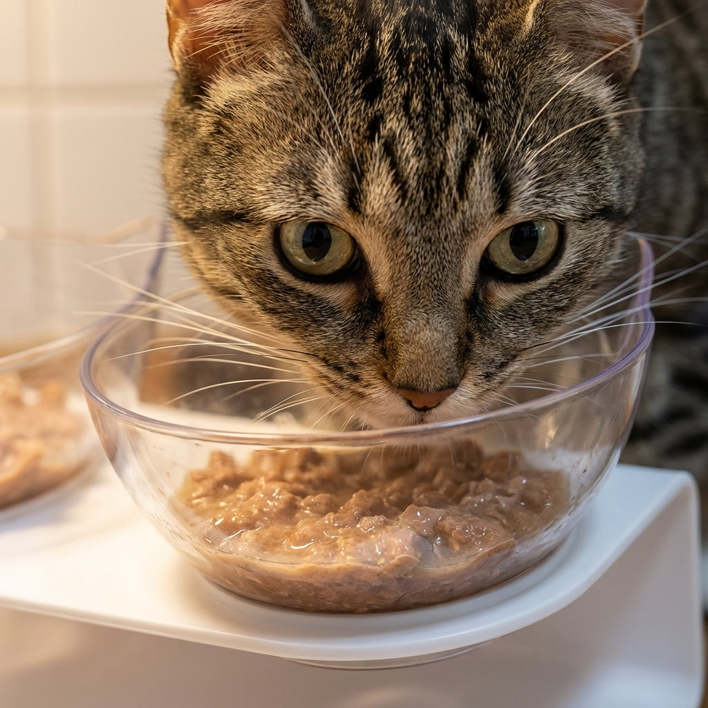 Erhöhte doppelte Katzenfutterstation mit 15 Grad geneigten Schalen, BPA-frei | Rosalyssa