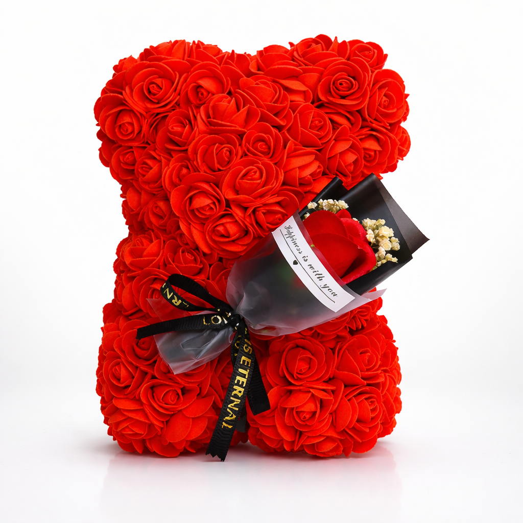 Dekorace na stůl Rose Bear s umělými růžemi pro valentýnský dárek a vystavení