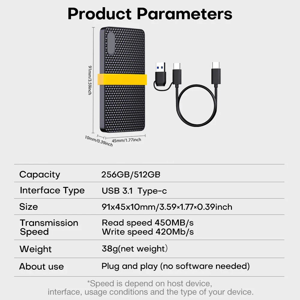 Compact Portable SSD Drive With USB 3.1 Type-C Storage