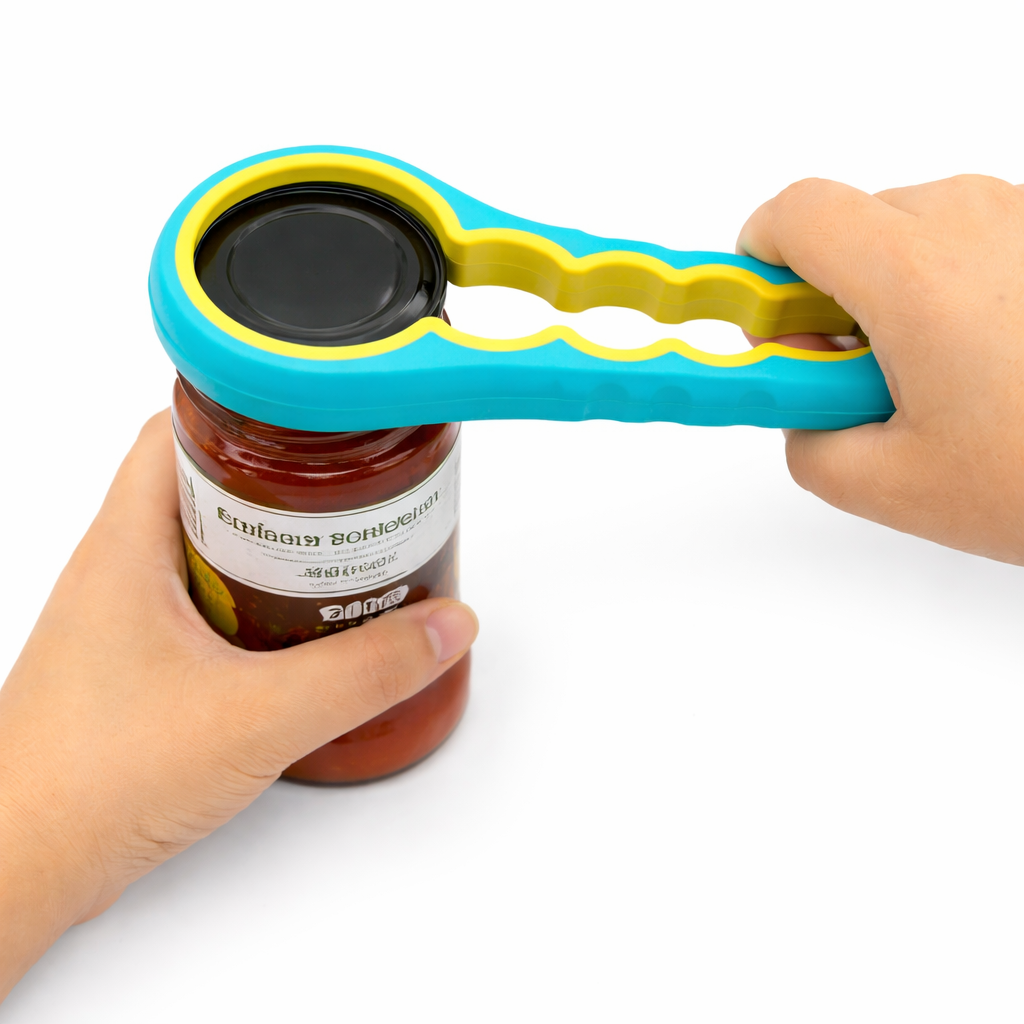 Allt-i-ett burk- och flasköppnare med gummigrepphandtag