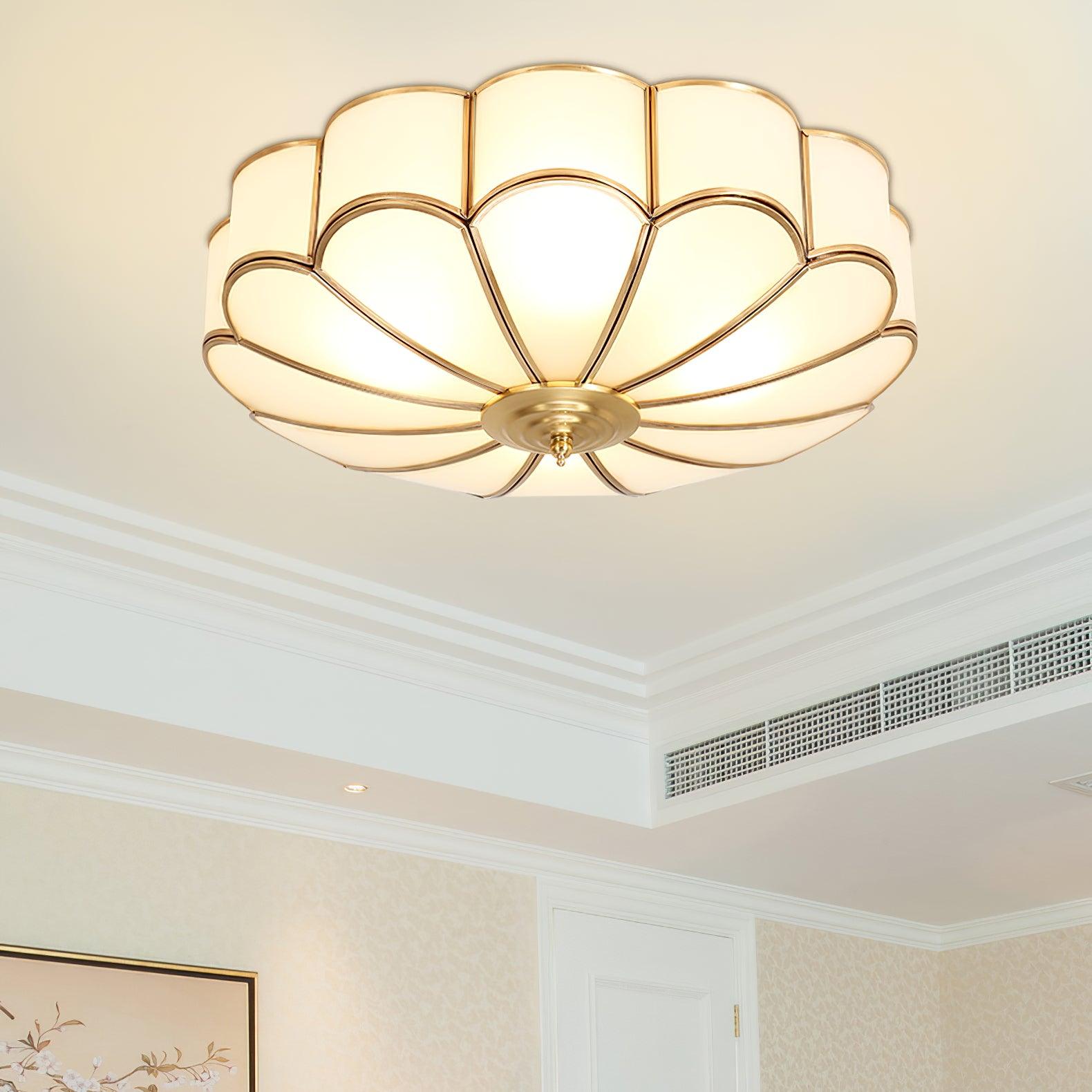 Lámpara de techo redonda de vidrio y latón dorado para sala de estar, pasillo y comedor con luz cálida difusa