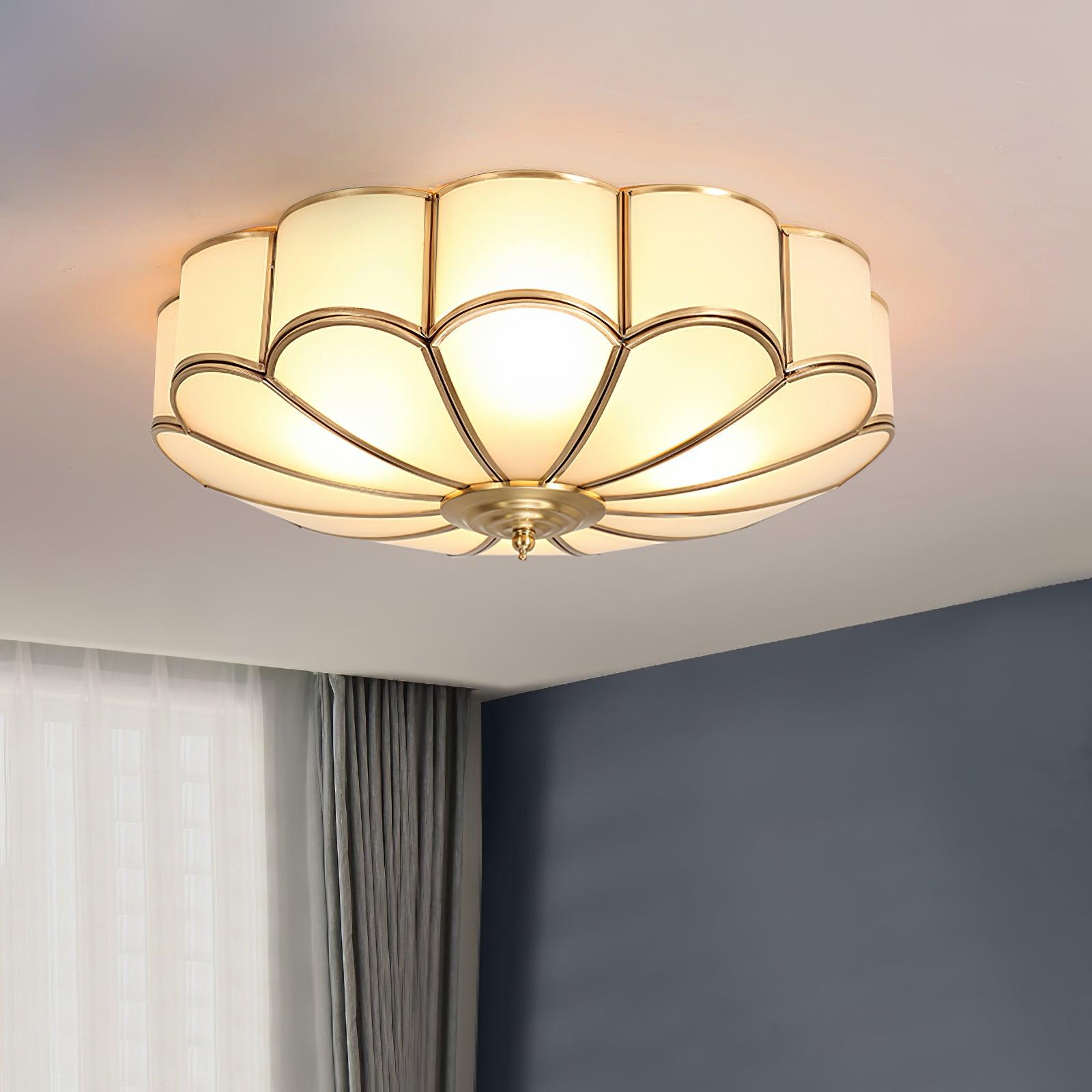Lámpara de techo redonda de vidrio y latón dorado para sala de estar, pasillo y comedor con luz cálida difusa