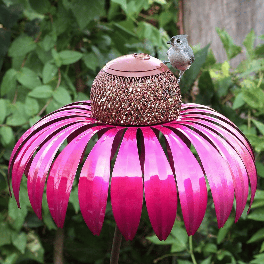 Comedero de pájaros de metal con diseño de girasol para colgar en jardín exterior